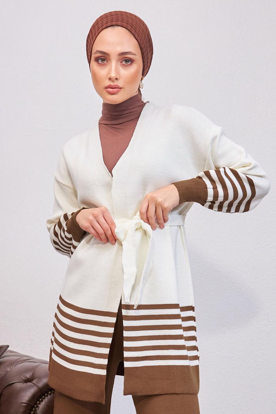 Tesettür giyim TABA KUŞAKLI TRİKO HIRKA T 3708-1