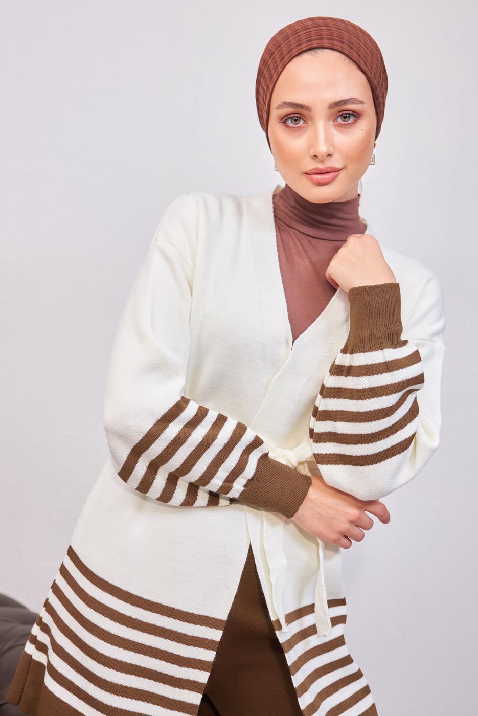 Tesettür giyim TABA KUŞAKLI TRİKO HIRKA T 3708-1