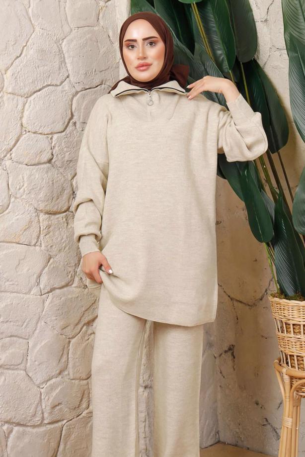 Hijab clothing BEIGE KNITWEAR TUNIC T 4208-1 - TRENDTESETTÜR