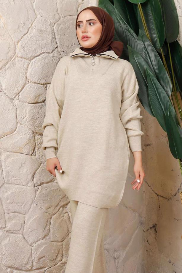 Hijab clothing BEIGE KNITWEAR TUNIC T 4208-1 - TRENDTESETTÜR