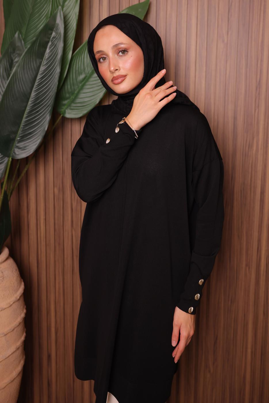 Tesettür giyim SİYAH DÜĞME DETAYLI TRİKO TUNİK T 5007