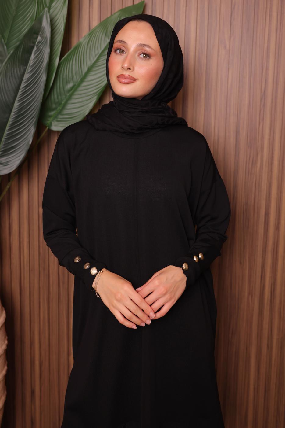 Tesettür giyim SİYAH DÜĞME DETAYLI TRİKO TUNİK T 5007