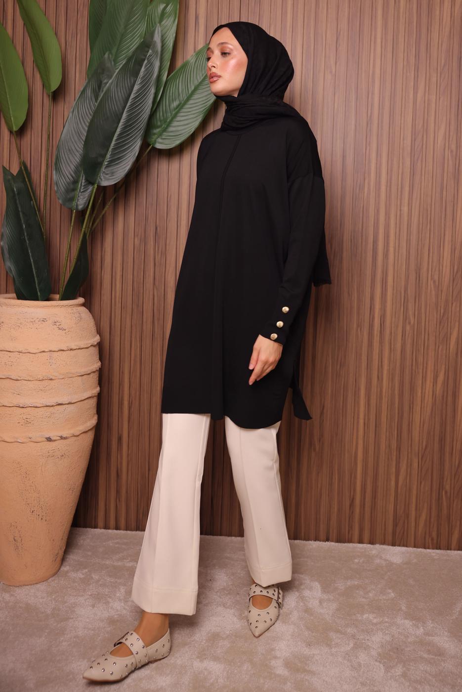 Tesettür giyim SİYAH DÜĞME DETAYLI TRİKO TUNİK T 5007