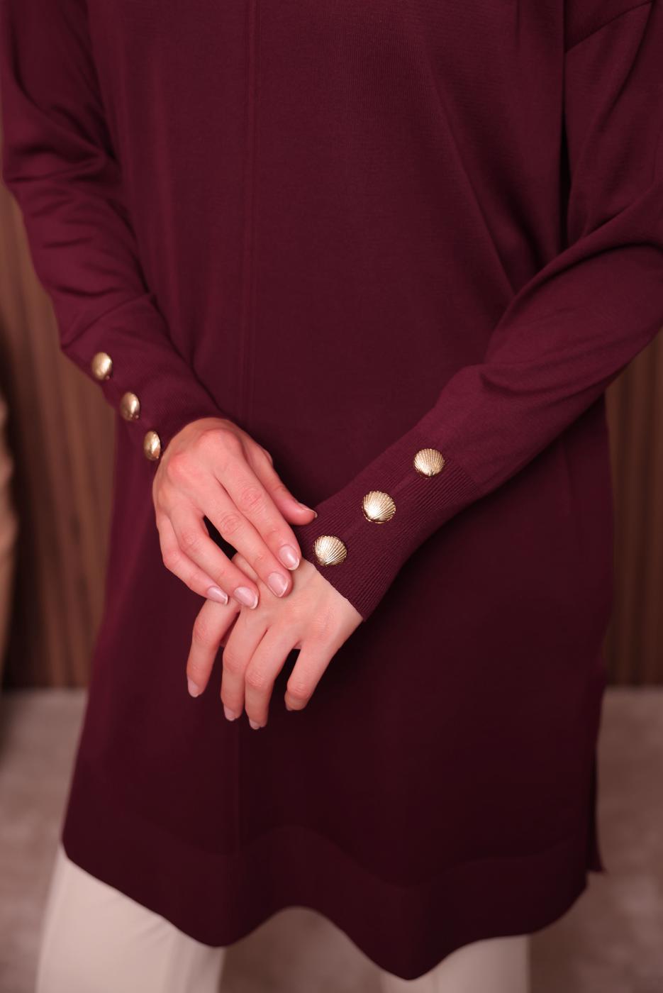 Tesettür giyim BORDO DÜĞME DETAYLI TRİKO TUNİK T 5007