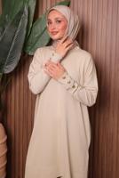 Tesettür giyim EKRU DÜĞME DETAYLI TRİKO TUNİK T 5007