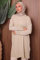 Tesettür giyim EKRU DÜĞME DETAYLI TRİKO TUNİK T 5007