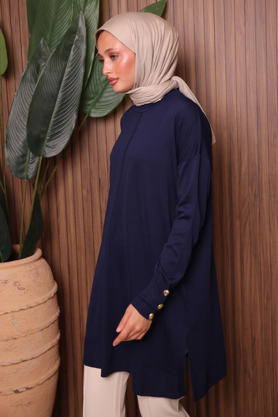 Tesettür giyim LACİVERT DÜĞME DETAYLI TRİKO TUNİK T 5007