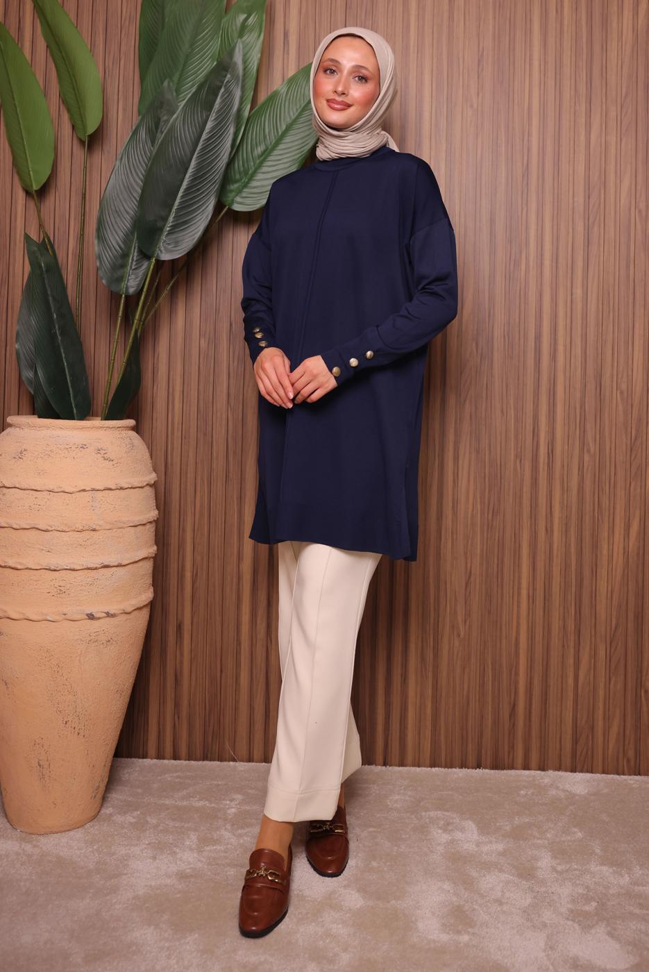 Tesettür giyim LACİVERT DÜĞME DETAYLI TRİKO TUNİK T 5007