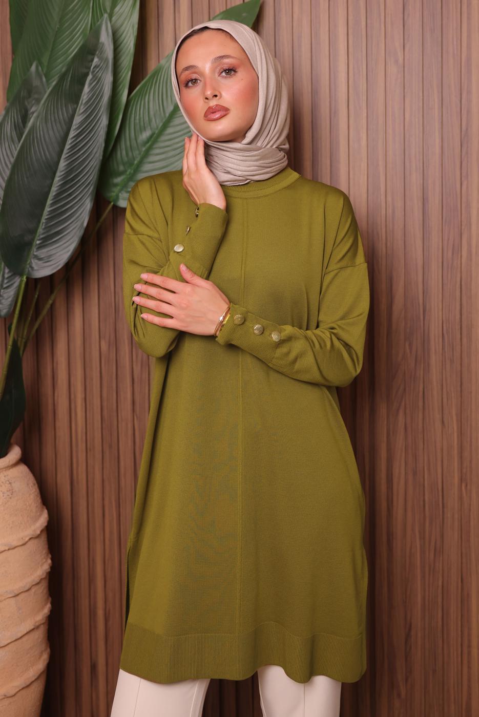 Tesettür giyim YEŞİL DÜĞME DETAYLI TRİKO TUNİK T 5007