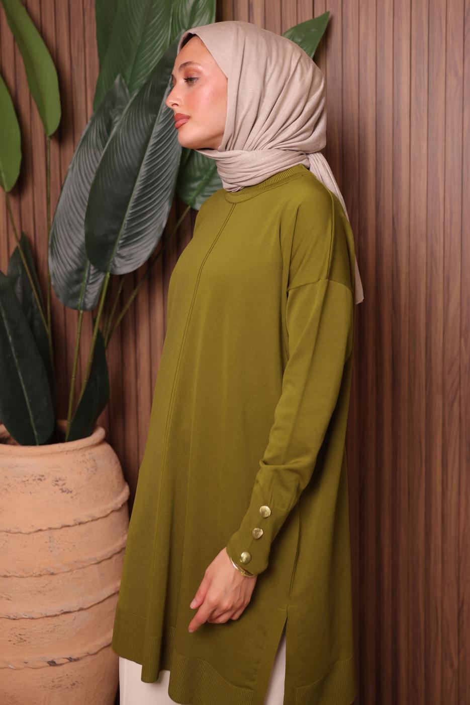 Tesettür giyim YEŞİL DÜĞME DETAYLI TRİKO TUNİK T 5007