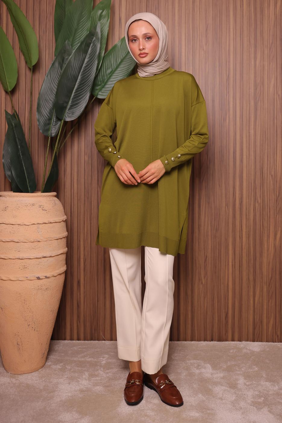 Tesettür giyim YEŞİL DÜĞME DETAYLI TRİKO TUNİK T 5007