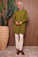 Tesettür giyim YEŞİL DÜĞME DETAYLI TRİKO TUNİK T 5007