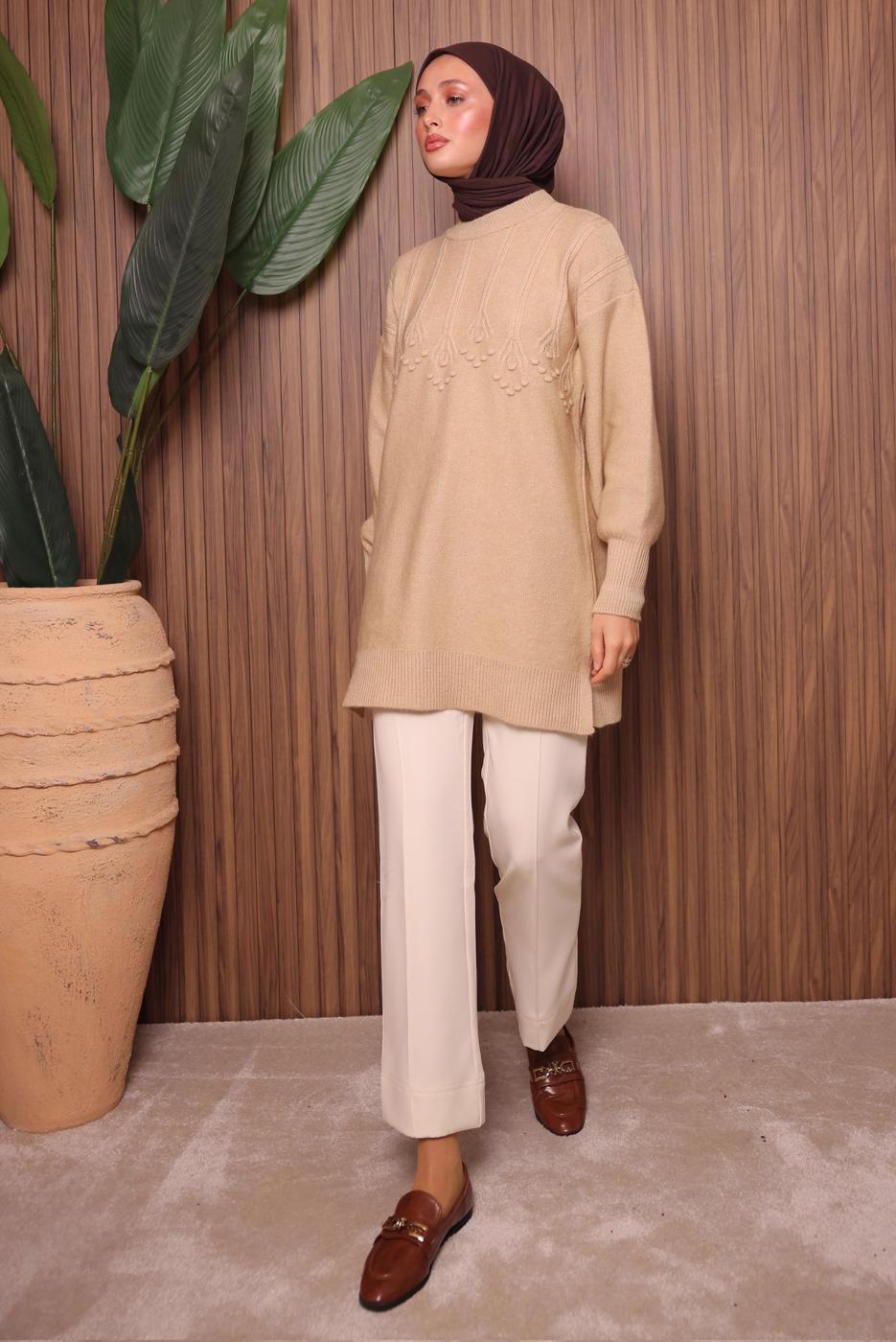 Tesettür giyim BEJ TRİKO TUNİK T 5107