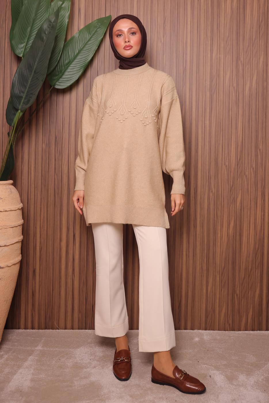 Tesettür giyim BEJ TRİKO TUNİK T 5107