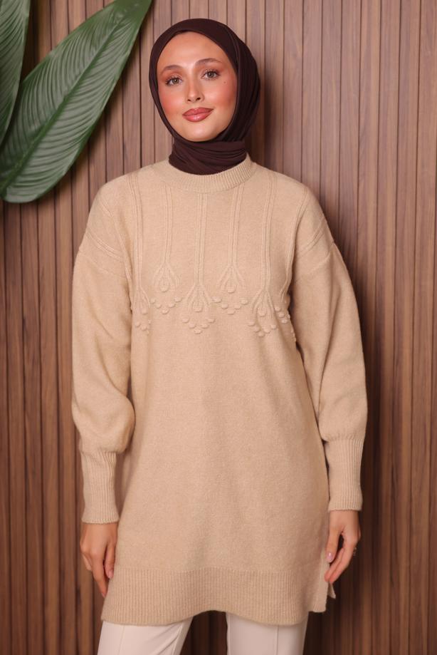 Tesettür giyim BEJ TRİKO TUNİK T 5107 - TRENDTESETTÜR
