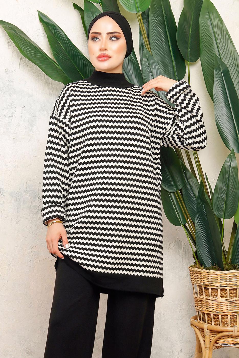 Tesettür giyim SİYAH DESENLİ TRİKO TUNİK T 5108-1