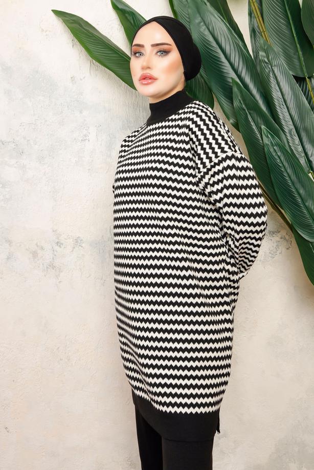 Tesettür giyim SİYAH DESENLİ TRİKO TUNİK T 5108-1 - TRENDTESETTÜR