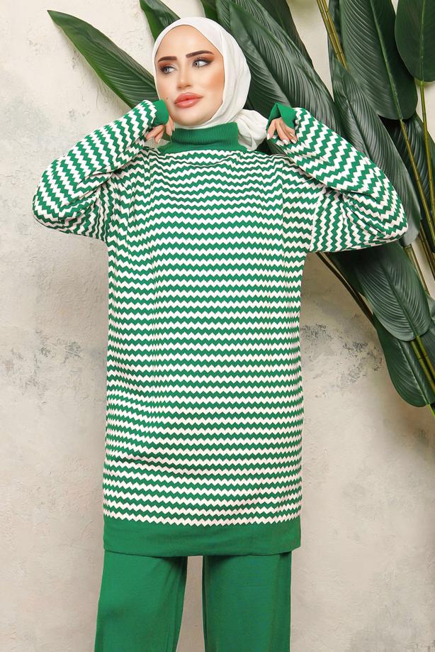 Tesettür giyim YEŞİL DESENLİ TRİKO TUNİK T 5108-1 - TRENDTESETTÜR