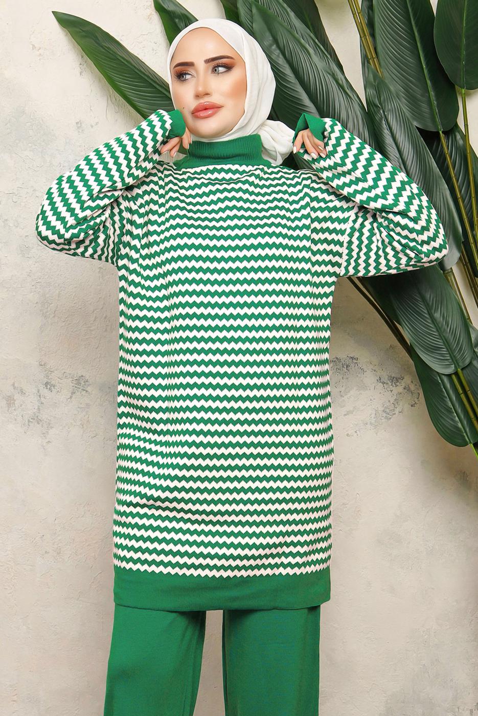 Tesettür giyim YEŞİL DESENLİ TRİKO TUNİK T 5108-1