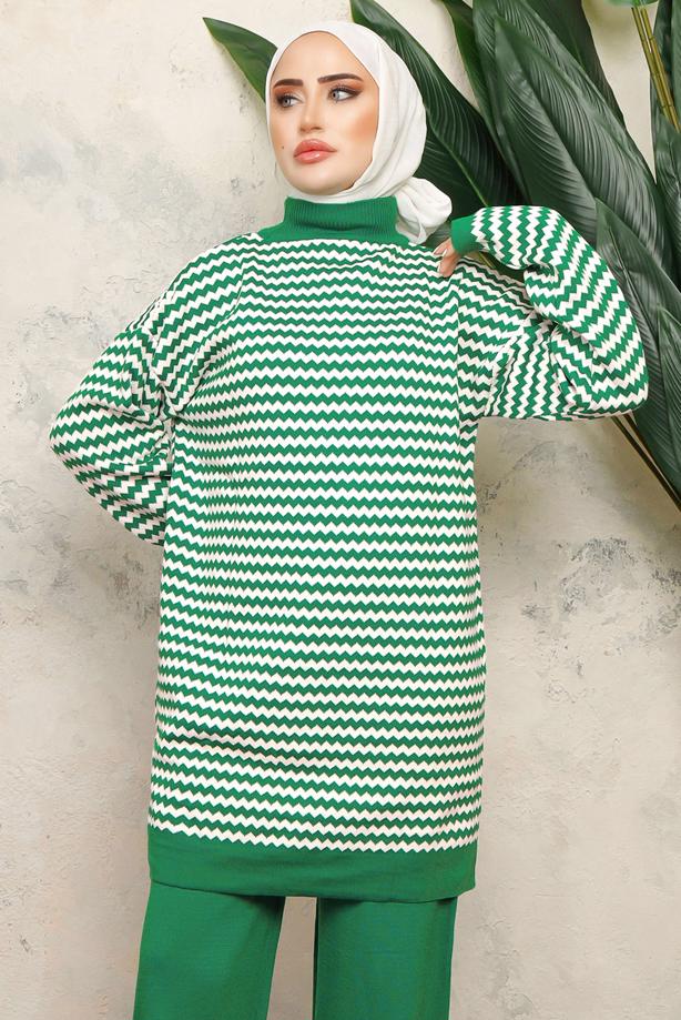 Tesettür giyim YEŞİL DESENLİ TRİKO TUNİK T 5108-1 - TRENDTESETTÜR
