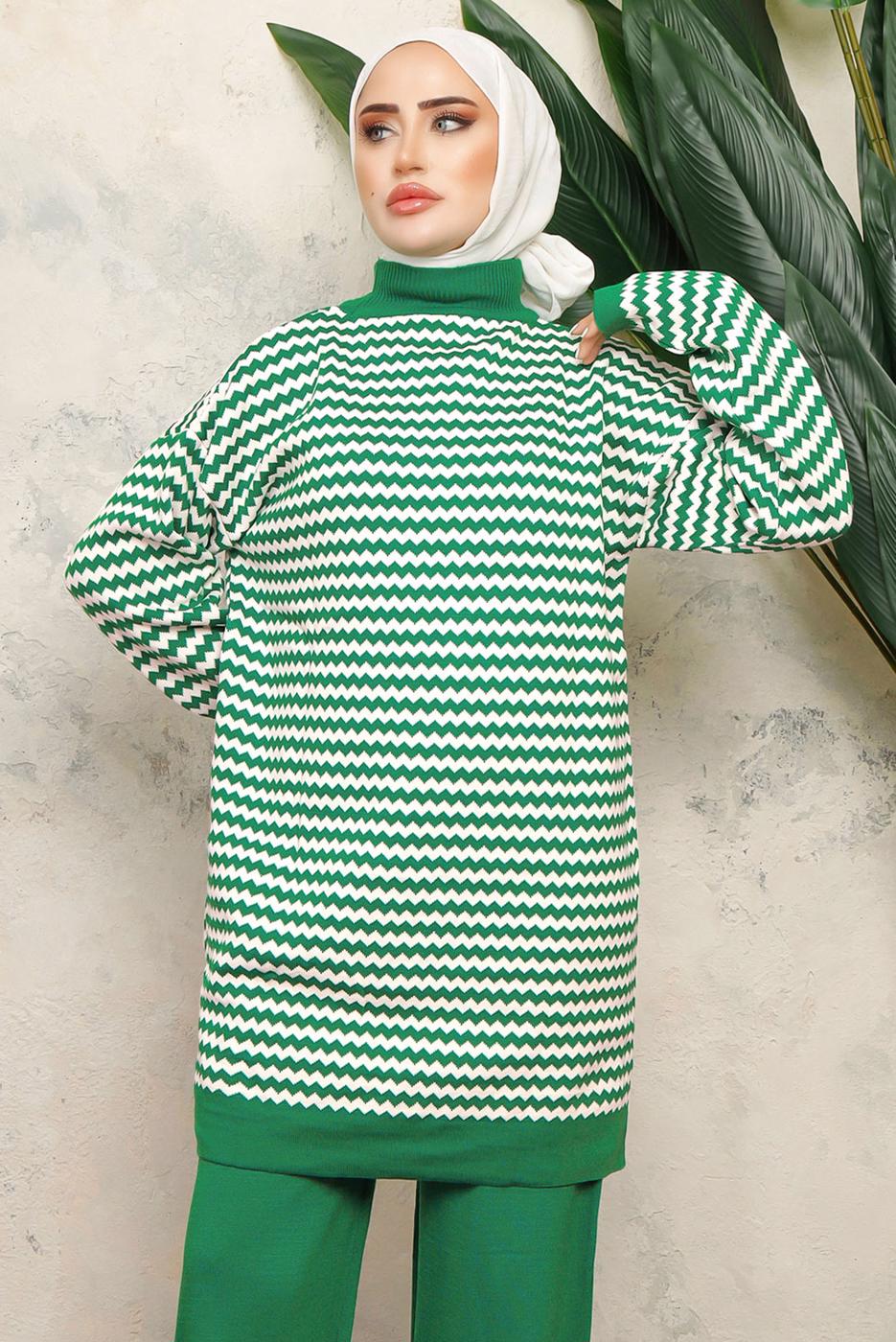 Tesettür giyim YEŞİL DESENLİ TRİKO TUNİK T 5108-1