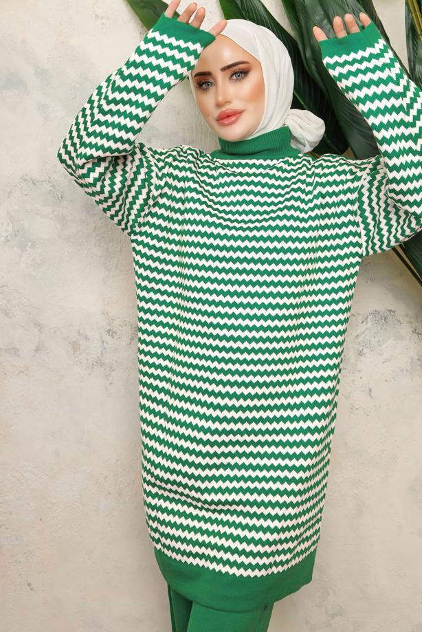 Tesettür giyim YEŞİL DESENLİ TRİKO TUNİK T 5108-1 - TRENDTESETTÜR