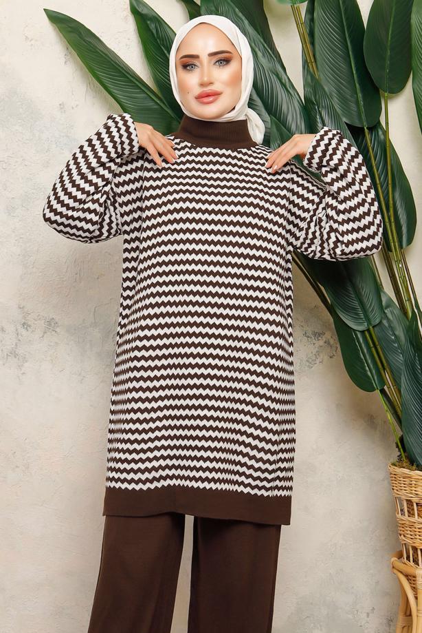 Tesettür giyim KAHVE DESENLİ TRİKO TUNİK T 5108-1 - TRENDTESETTÜR