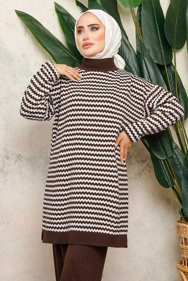 Tesettür giyim KAHVE DESENLİ TRİKO TUNİK T 5108-1 - TRENDTESETTÜR