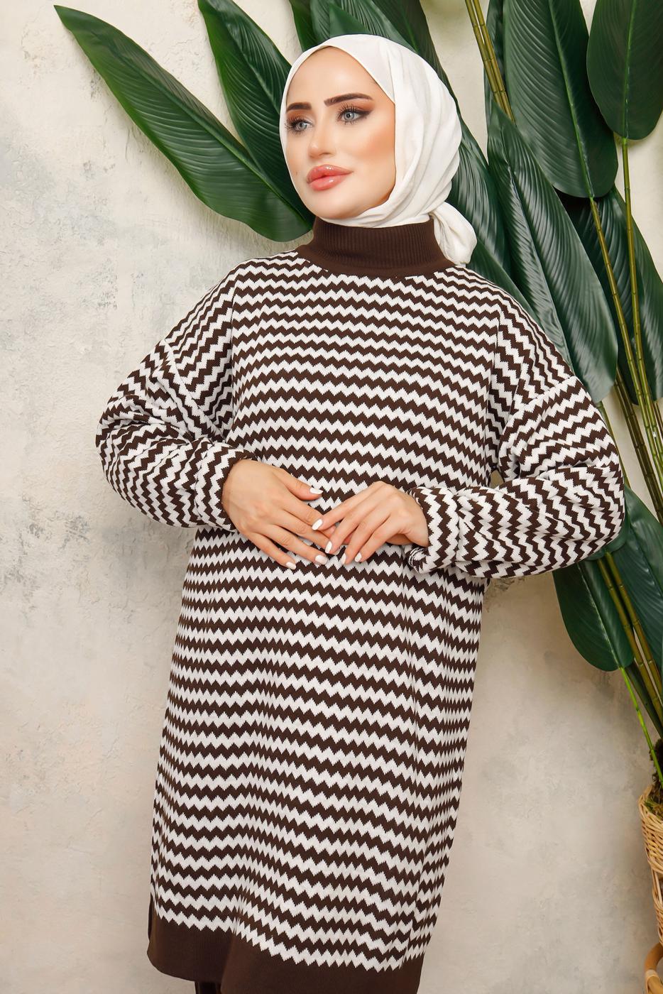 Tesettür giyim KAHVE DESENLİ TRİKO TUNİK T 5108-1