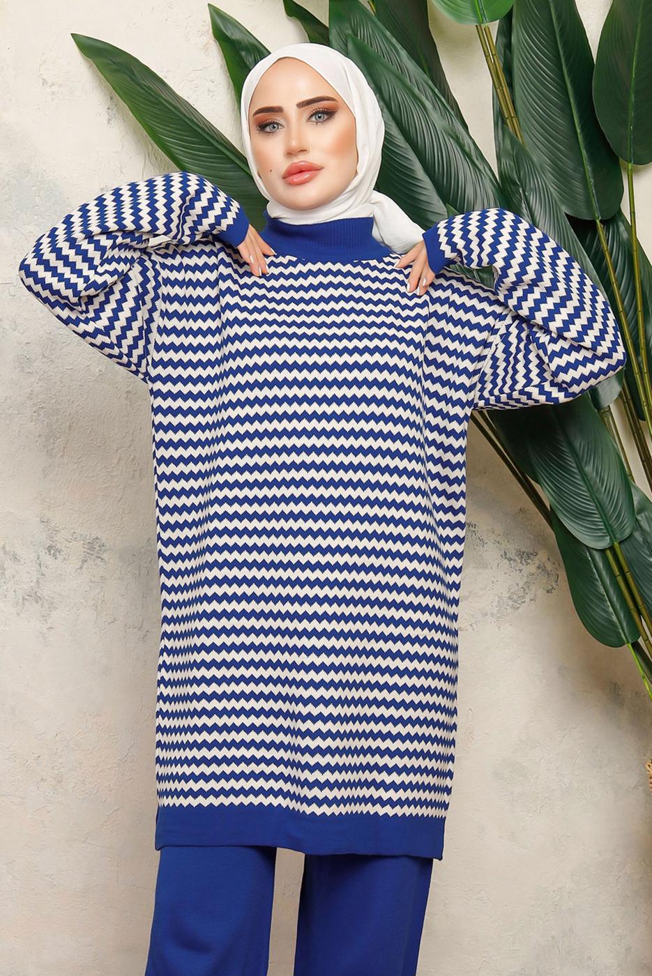 Hijab clothing NAVY BLUE PATTERNED KNITWEAR TUNIC T 5108-1