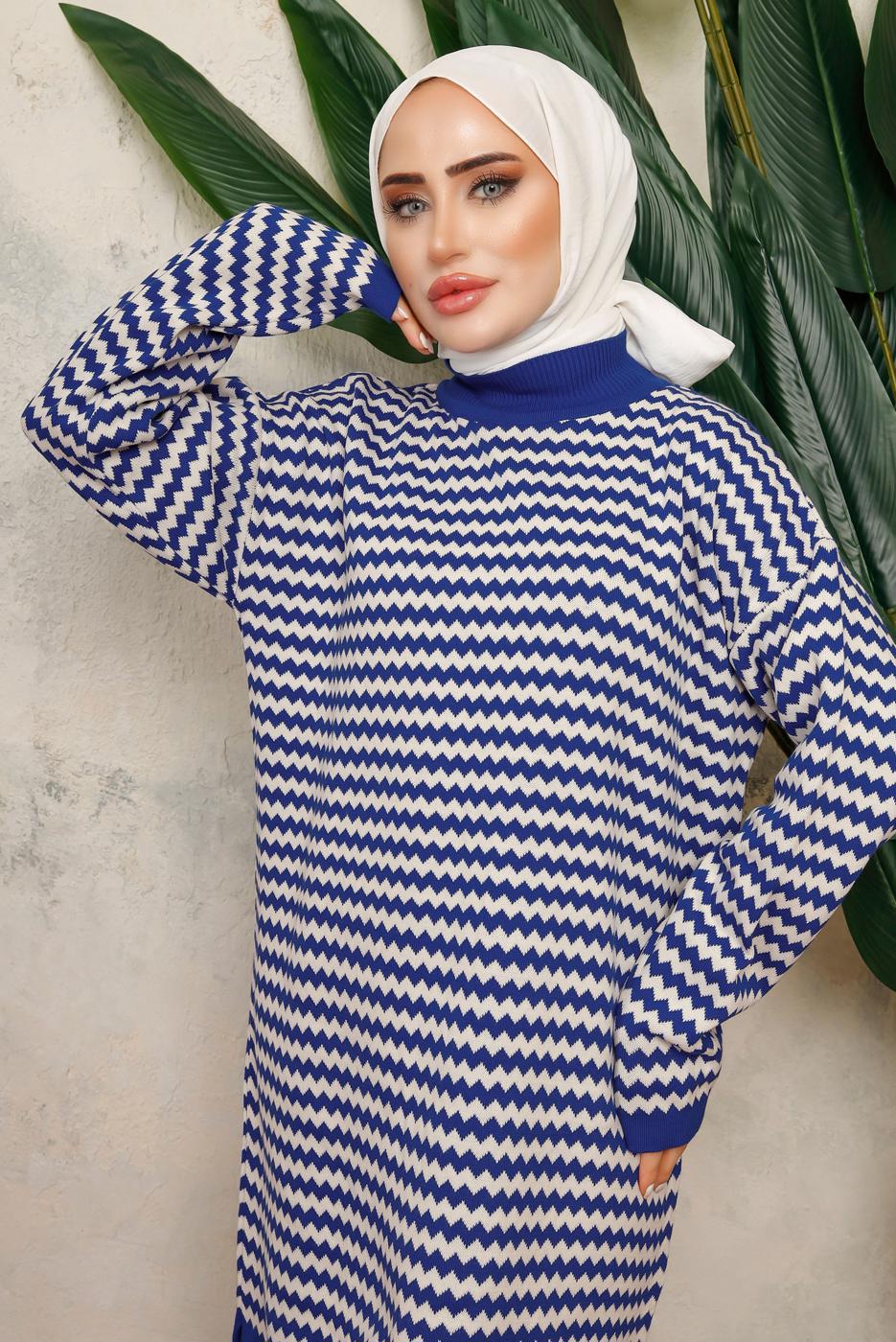 Hijab clothing NAVY BLUE PATTERNED KNITWEAR TUNIC T 5108-1