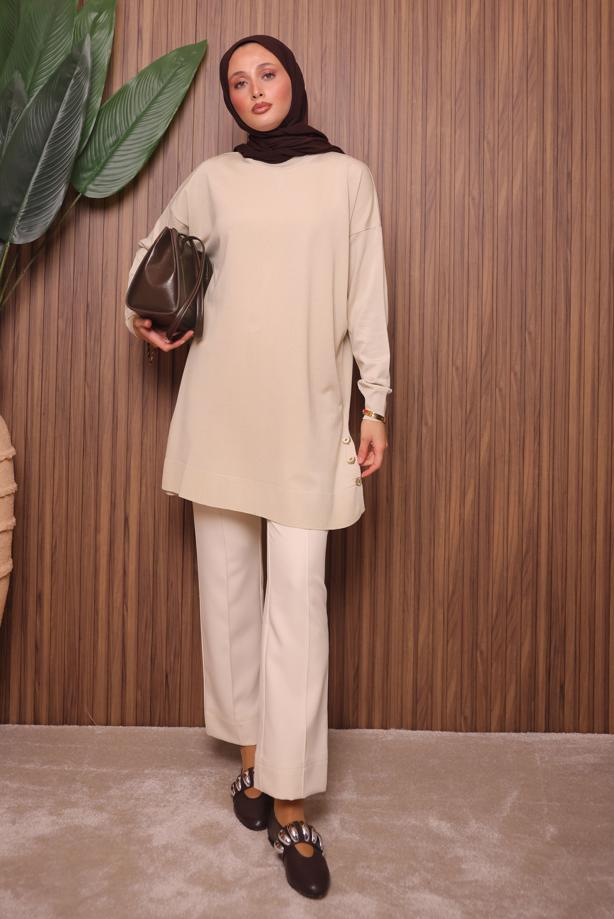 Tesettür giyim BEJ TRİKO TUNİK T 6007 - TRENDTESETTÜR