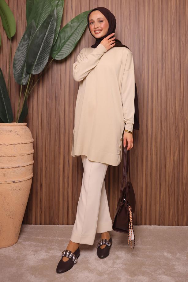 Tesettür giyim BEJ TRİKO TUNİK T 6007 - TRENDTESETTÜR