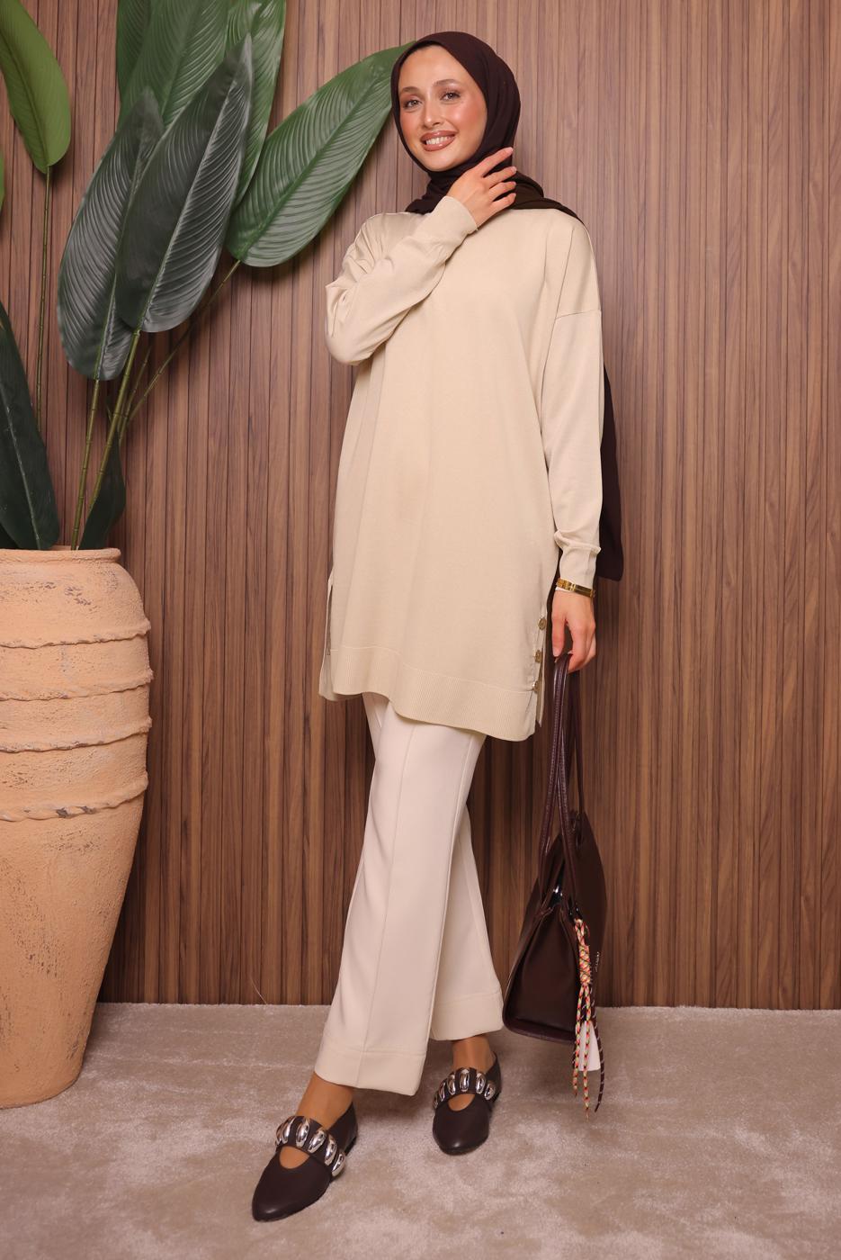 Tesettür giyim BEJ TRİKO TUNİK T 6007
