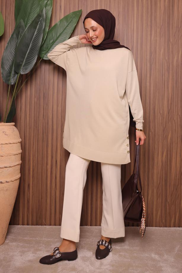 Tesettür giyim BEJ TRİKO TUNİK T 6007 - TRENDTESETTÜR