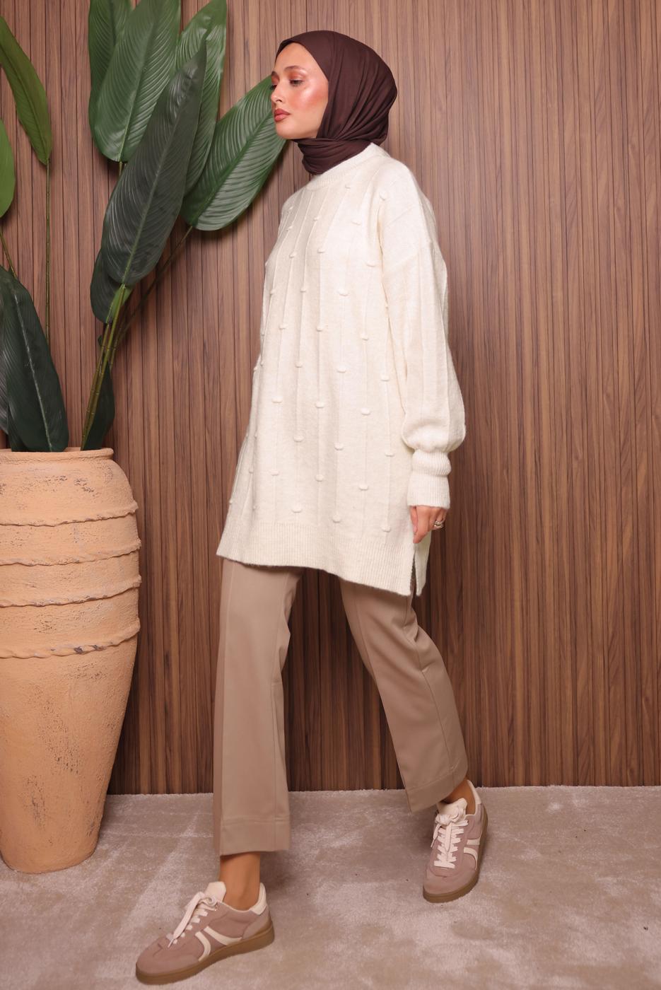 Tesettür giyim EKRU TRİKO TUNİK T 6107