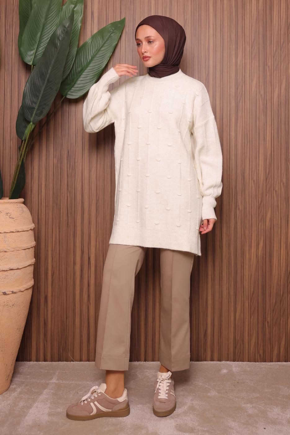 Tesettür giyim EKRU TRİKO TUNİK T 6107