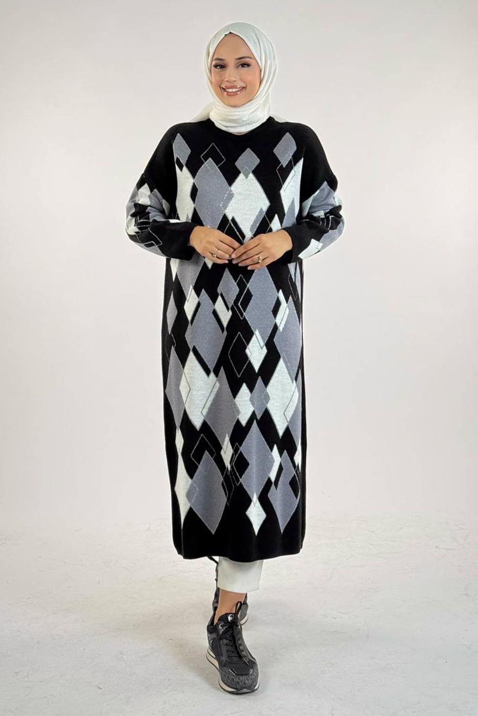 Tesettür giyim SİYAH BAKLAVA DESENLİ TUNİK T 61381
