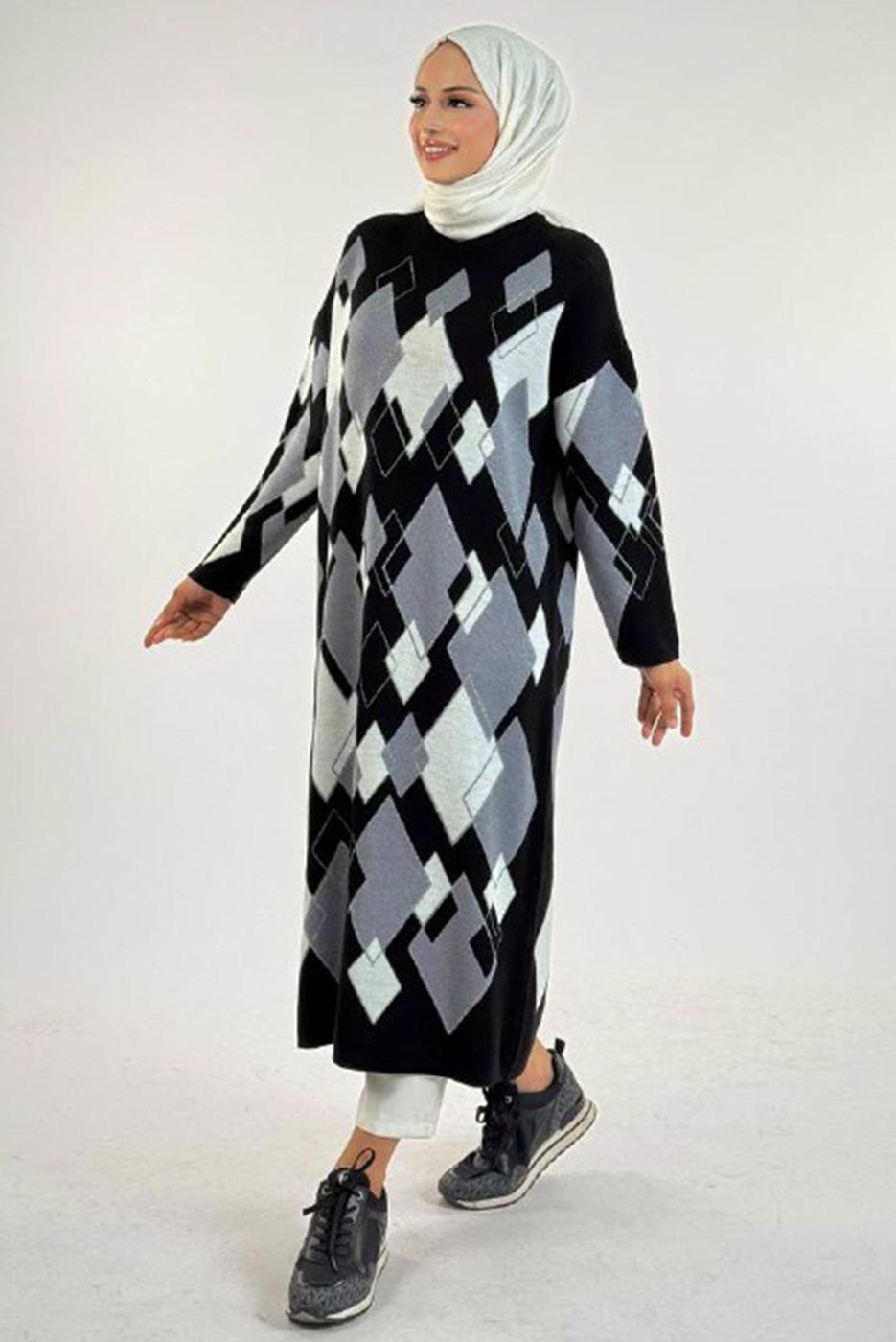 Tesettür giyim SİYAH BAKLAVA DESENLİ TUNİK T 61381