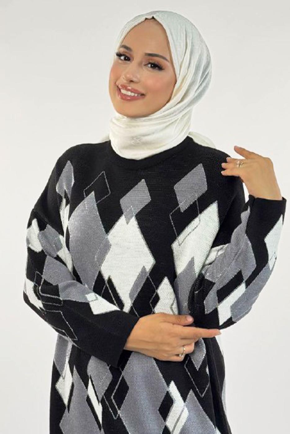 Tesettür giyim SİYAH BAKLAVA DESENLİ TUNİK T 61381