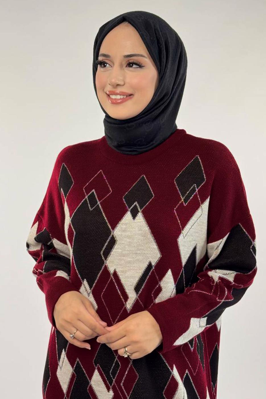 Tesettür giyim BORDO BAKLAVA DESENLİ TUNİK T 61381