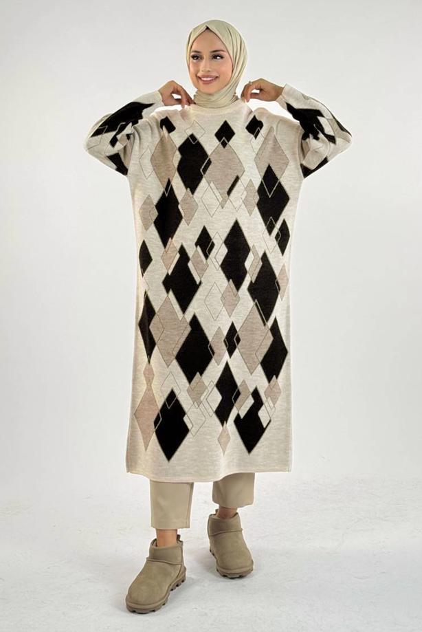 Vêtements hijab BEIGE TUNIQUE À MOTIF DIAMANT T 61381 - TRENDTESETTÜR