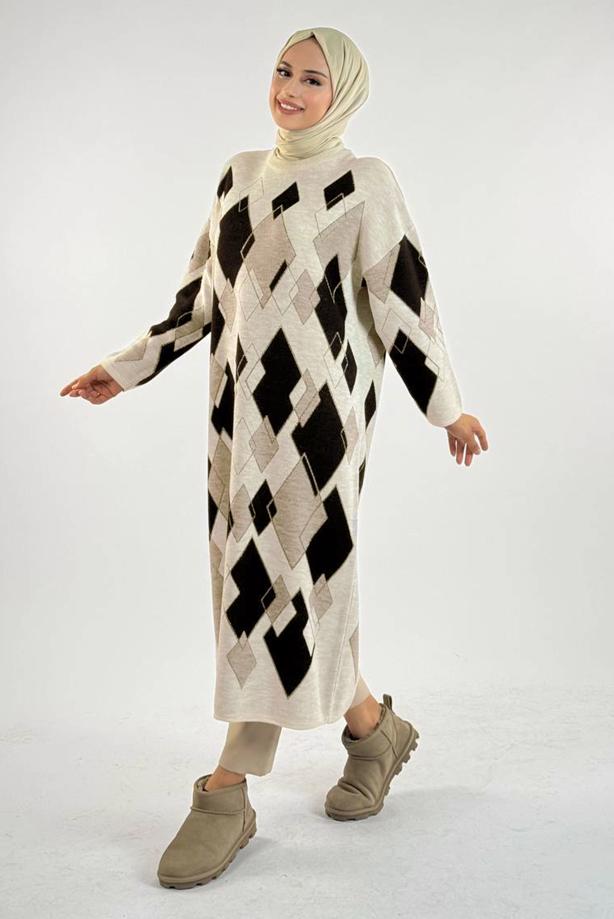 Vêtements hijab BEIGE TUNIQUE À MOTIF DIAMANT T 61381 - TRENDTESETTÜR