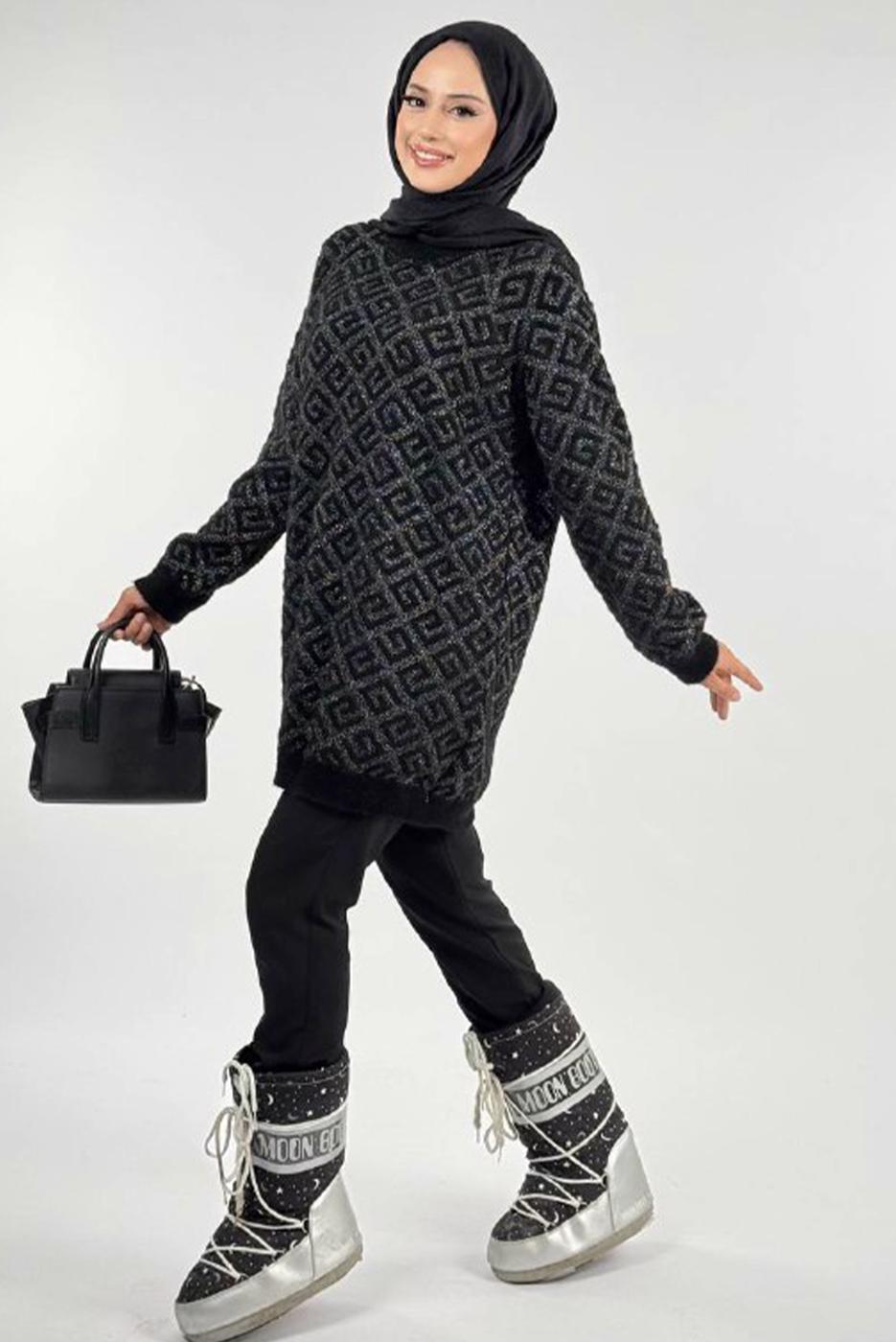 Tesettür giyim SİYAH DESENLİ TUNİK T 62381