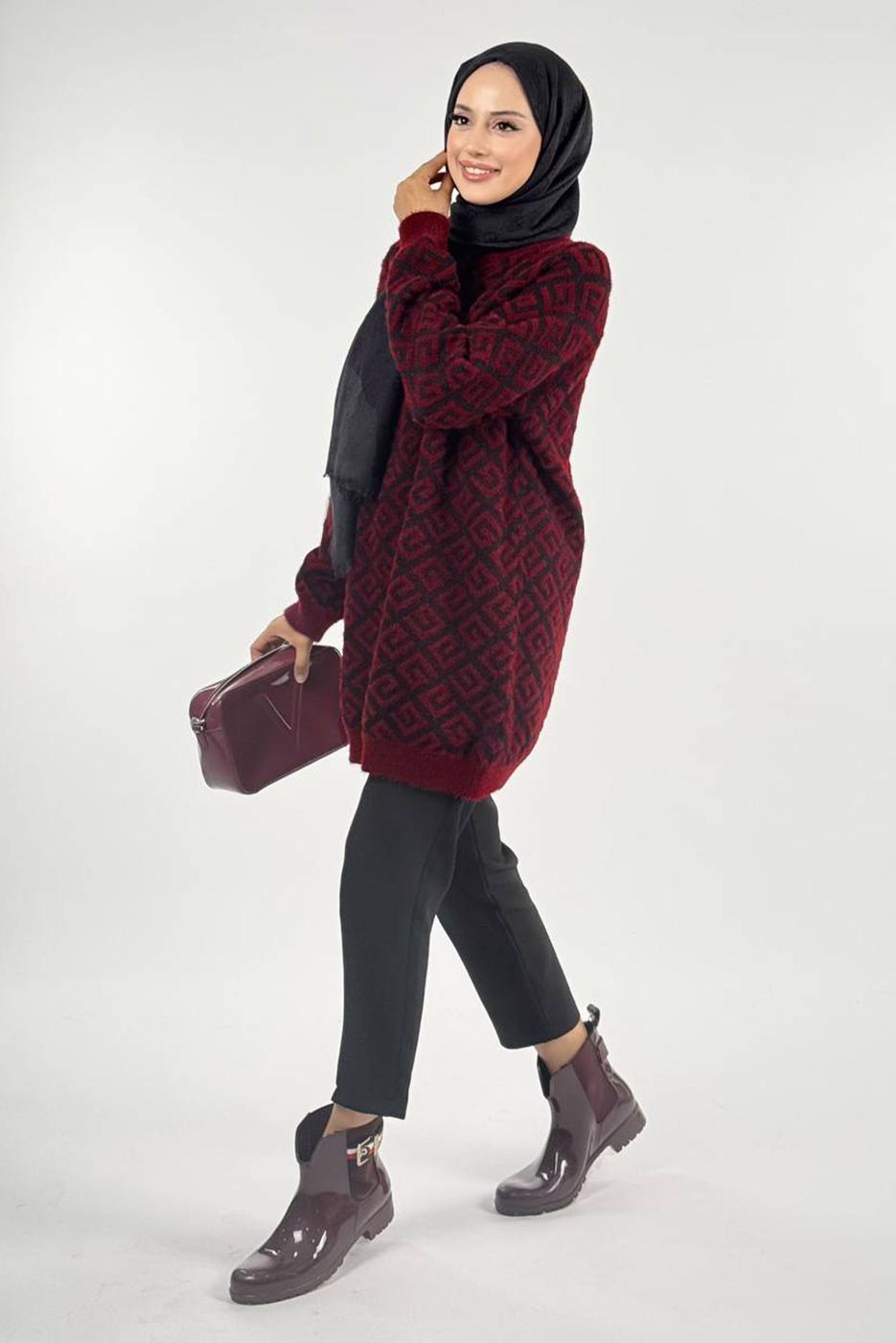Tesettür giyim BORDO DESENLİ TUNİK T 62381