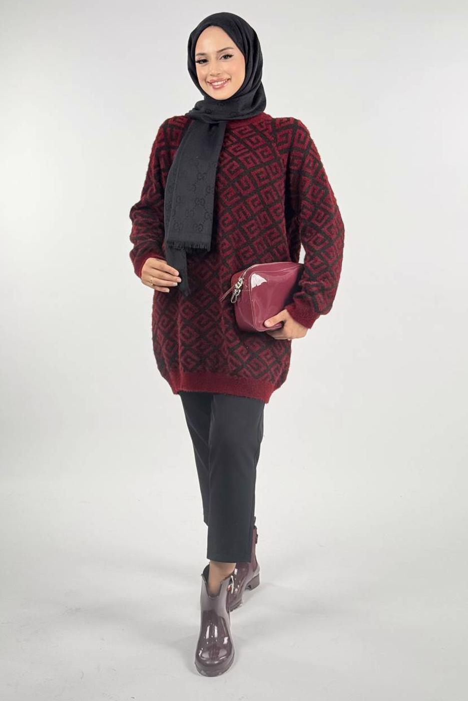 Tesettür giyim BORDO DESENLİ TUNİK T 62381