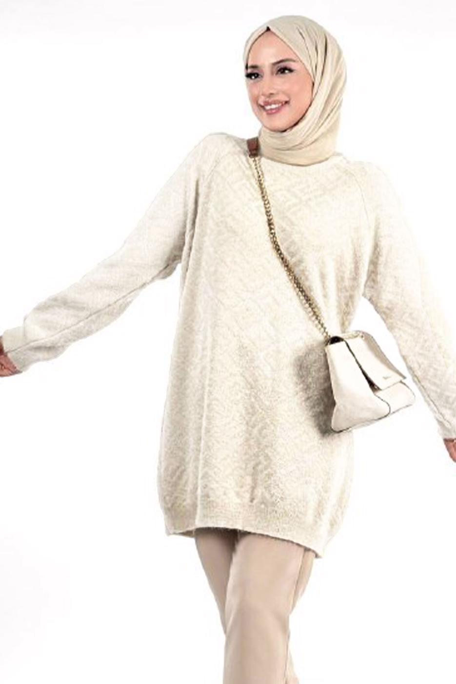 Tesettür giyim BEJ DESENLİ TUNİK T 62381