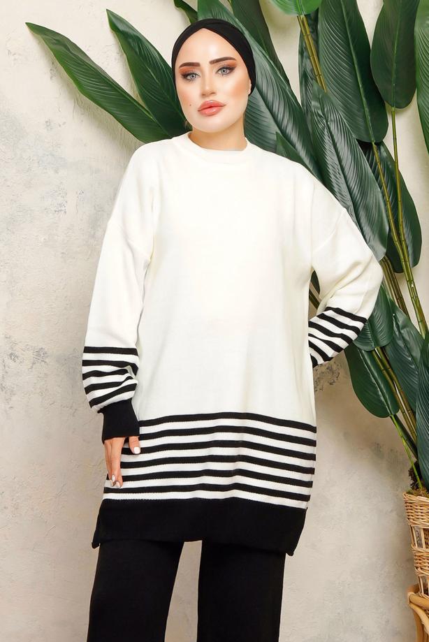 Tesettür giyim SİYAH DİK YAKA ÇİZGİLİ TUNİK T 6308-1 - TRENDTESETTÜR