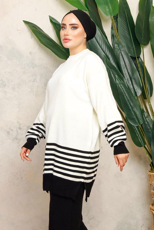 Tesettür giyim SİYAH DİK YAKA ÇİZGİLİ TUNİK T 6308-1 - TRENDTESETTÜR
