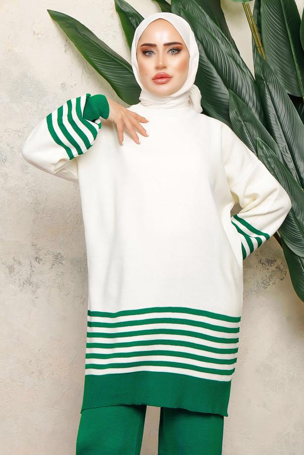 Tesettür giyim YEŞİL DİK YAKA ÇİZGİLİ TUNİK T 6308-1 - TRENDTESETTÜR